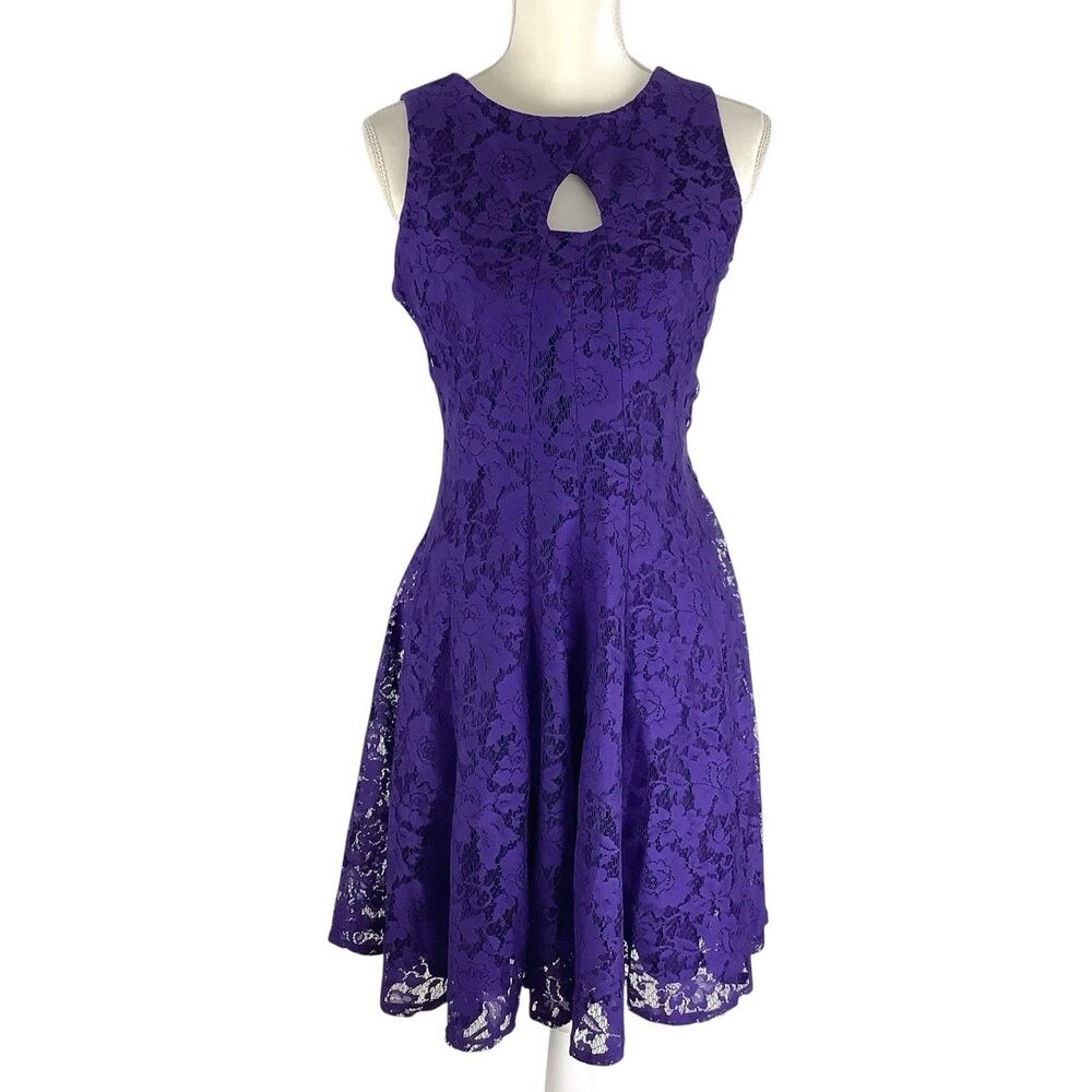 Purple Lace Sleeveless Dress Women Size 6 Fit & Flare Keyhole Coquette Fairy